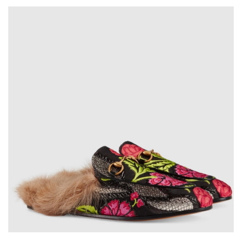 GUCCI Black Floral BROCADE Jacquard FUR Princetown Slippers LOAFERS SIZE 39